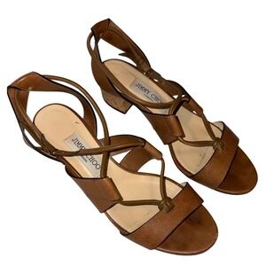 Jimmy Choo Brown Leather Block Heel Sandals Cork Heel Strappy Shoes 38.5